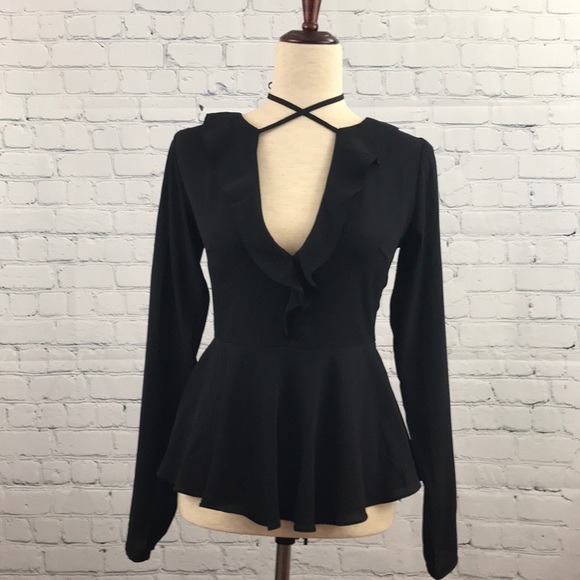Lulus Tops - LULU’S Black Ruffle Peplum Top Blouse sz S